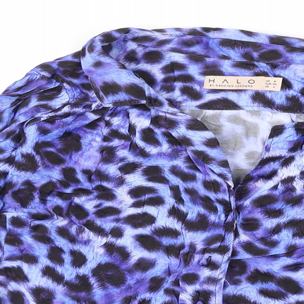 Halo Womens Purple Animal Print Viscose Basic Button-Up Size 8 Collared - Leopard Print