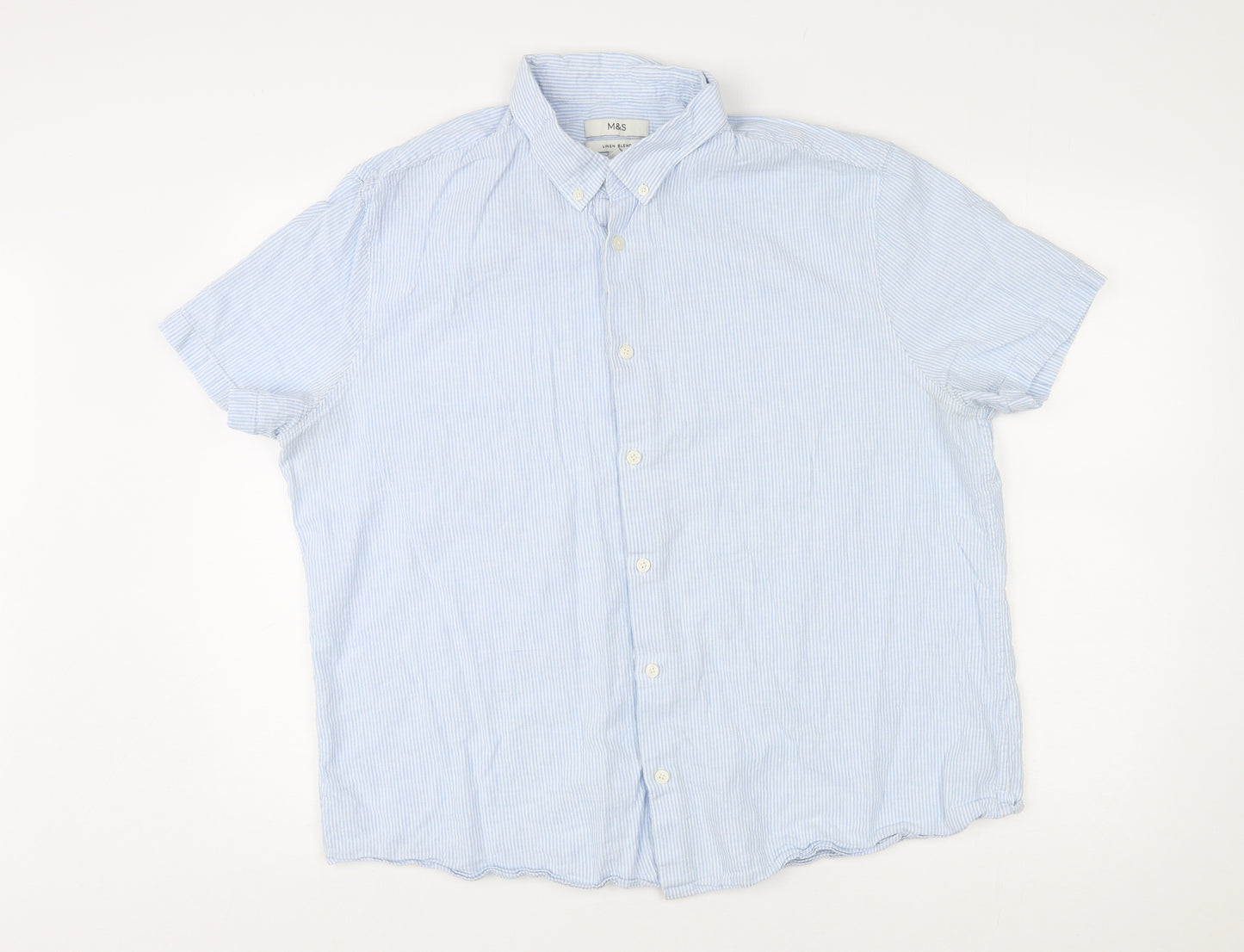 Marks and Spencer Womens Blue Striped Linen Basic Button-Up Size 2XL Collared