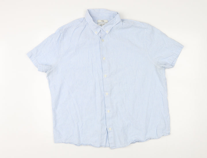Marks and Spencer Womens Blue Striped Linen Basic Button-Up Size 2XL Collared