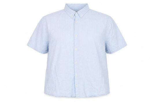 Front view of Marks & Spencer women’s blue striped linen basic button-up, size 2XL, collared