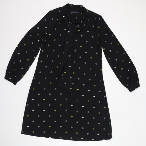 Marks and Spencer Womens Black Geometric Polyester Shift Size 10 Round Neck Pullover - Tie Neck Detail