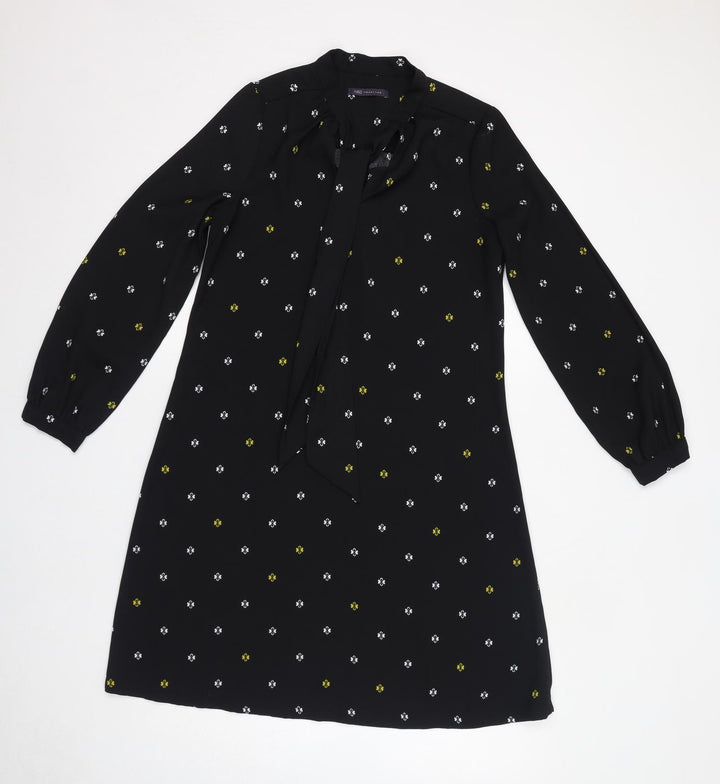 Marks and Spencer Womens Black Geometric Polyester Shift Size 10 Round Neck Pullover - Tie Neck Detail