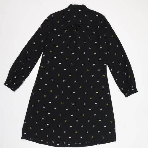 Marks and Spencer Womens Black Geometric Polyester Shift Size 10 Round Neck Pullover - Tie Neck Detail