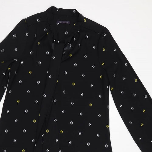 Marks and Spencer Womens Black Geometric Polyester Shift Size 10 Round Neck Pullover - Tie Neck Detail