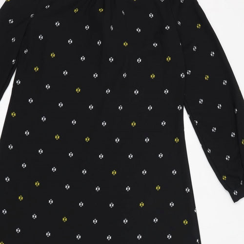 Marks and Spencer Womens Black Geometric Polyester Shift Size 10 Round Neck Pullover - Tie Neck Detail