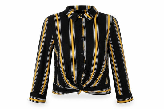 Front view of Select women’s black striped viscose basic button-up, size UK 16, collared