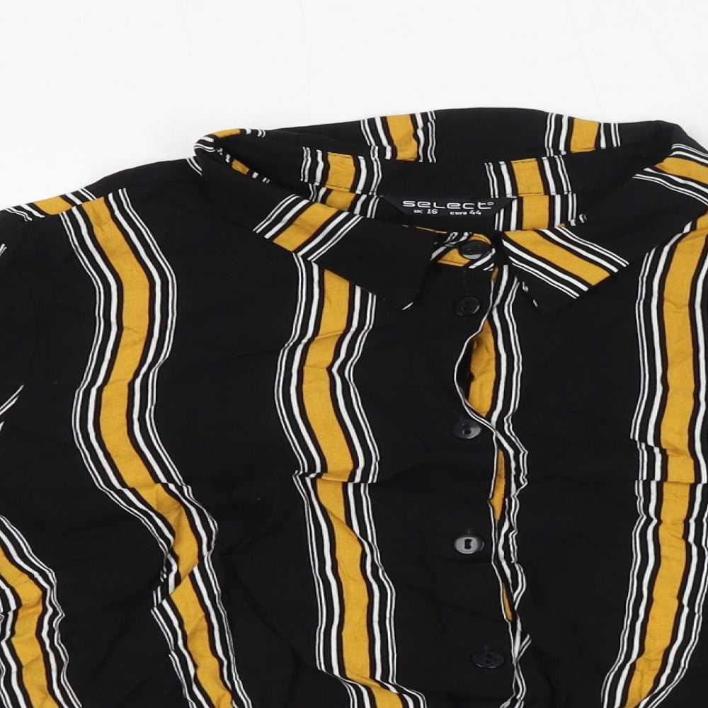 Select Womens Black Striped Viscose Basic Button-Up Size 16 Collared