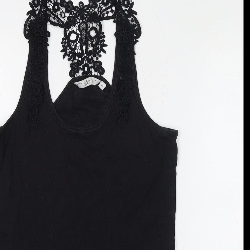 New Look Womens Black 100% Cotton Basic Tank Size 12 Scoop Neck