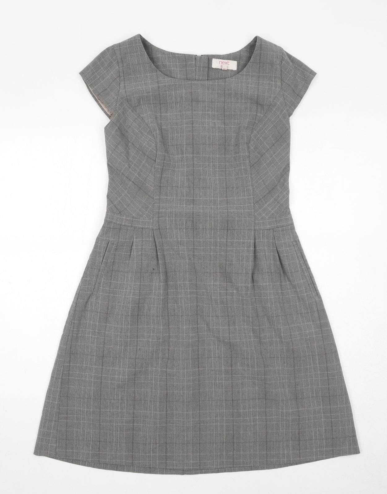 NEXT Womens Grey Plaid Polyester A-Line Size 12 Round Neck Zip