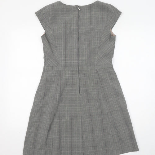 NEXT Womens Grey Plaid Polyester A-Line Size 12 Round Neck Zip