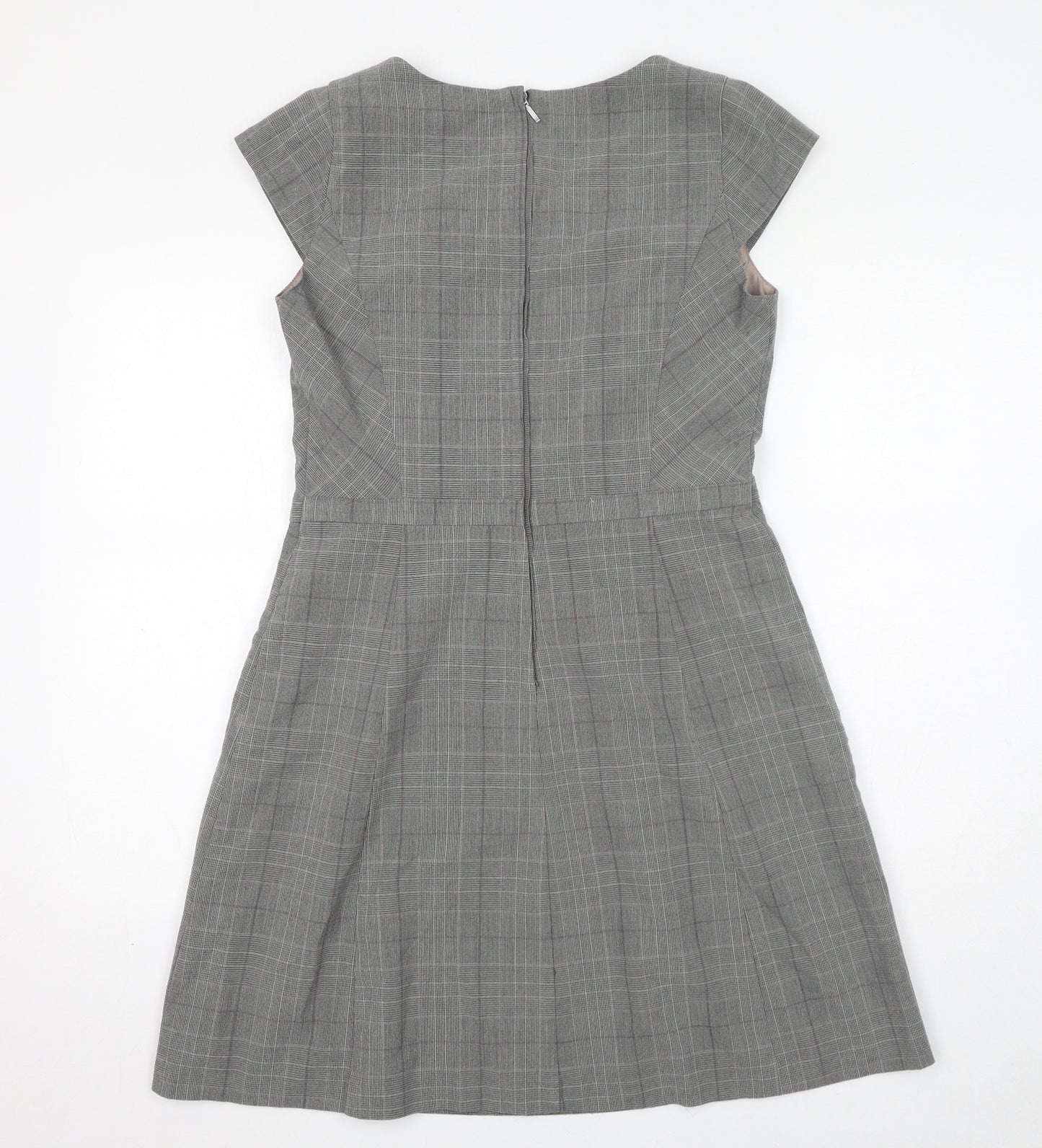 NEXT Womens Grey Plaid Polyester A-Line Size 12 Round Neck Zip