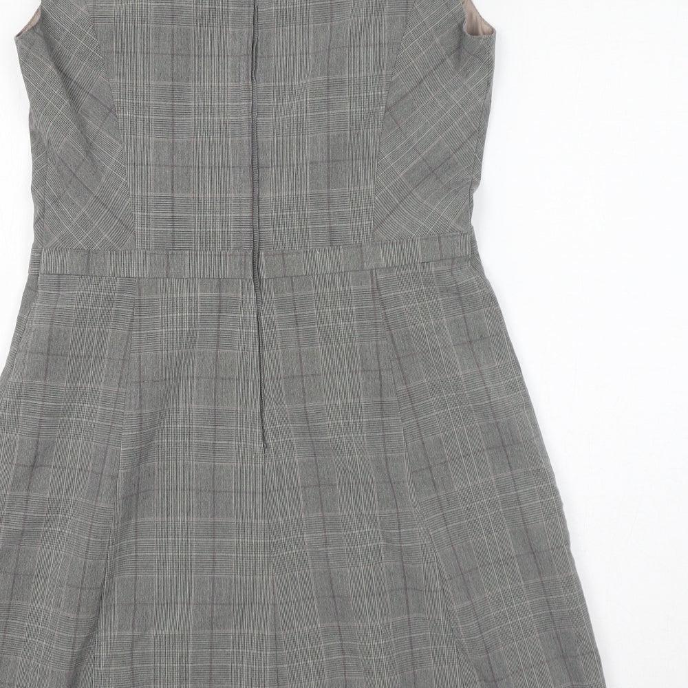 NEXT Womens Grey Plaid Polyester A-Line Size 12 Round Neck Zip