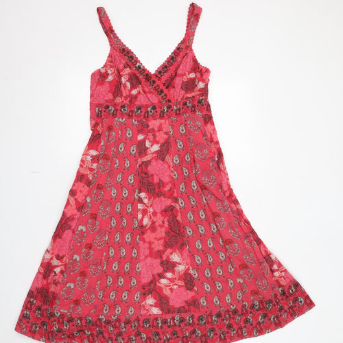 Monsoon Womens Pink Geometric 100% Cotton Slip Dress Size 14 V-Neck Zip