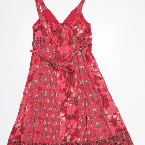Monsoon Womens Pink Geometric 100% Cotton Slip Dress Size 14 V-Neck Zip