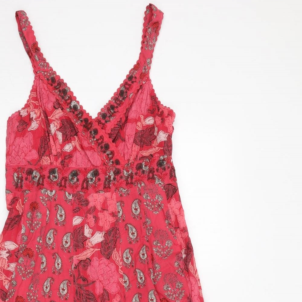 Monsoon Womens Pink Geometric 100% Cotton Slip Dress Size 14 V-Neck Zip