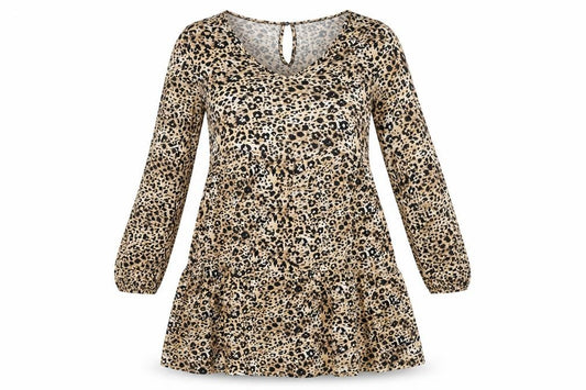 Front view of New Look women’s beige animal print viscose ball gown, size UK 8, v-neck pullover - leopard print