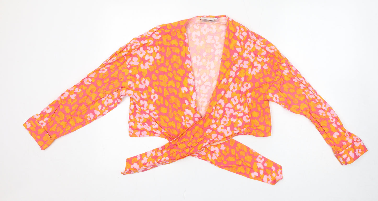 ASOS Womens Pink Animal Print Viscose Cropped Blouse Size 8 V-Neck - Tie Front