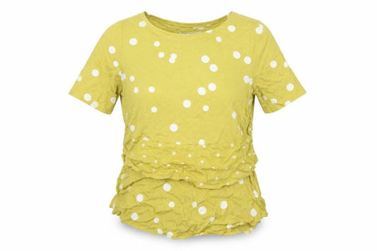 Front view of Next women’s yellow polka dot 100% cotton basic t-shirt, size UK 8, round neck