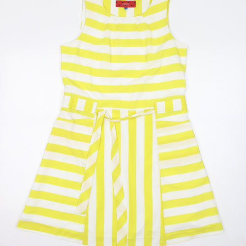 NEXT Womens Yellow Striped Polyester Skater Dress Size 12 Round Neck Zip