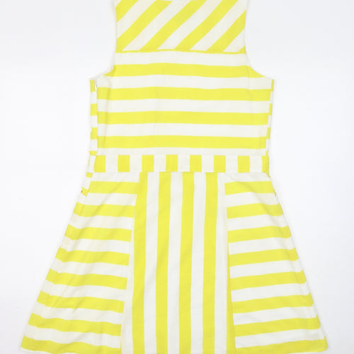 NEXT Womens Yellow Striped Polyester Skater Dress Size 12 Round Neck Zip