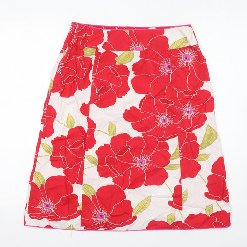 Monsoon Womens Red Floral Cotton A-Line Skirt Size 12 Zip