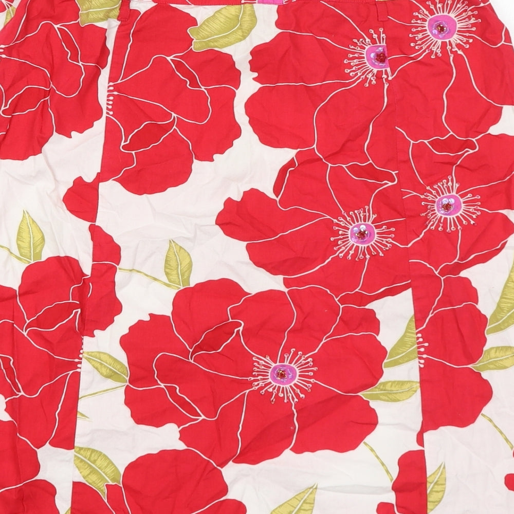 Monsoon Womens Red Floral Cotton A-Line Skirt Size 12 Zip