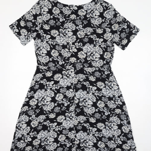 NEXT Womens Black Floral Viscose Fit & Flare Size 16 Scoop Neck Pullover