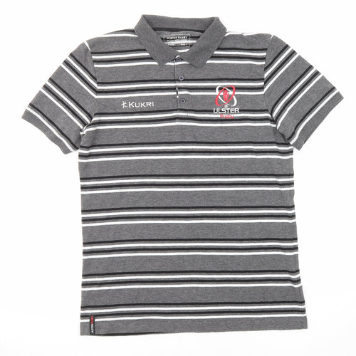 Kukri Mens Grey Striped Polyester Polo Size L Collared Button - Ulster Rugby