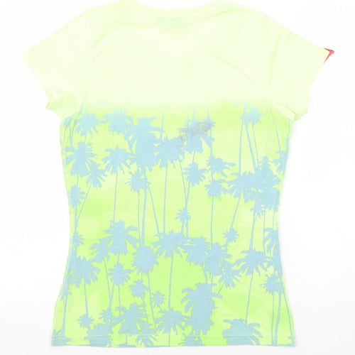 Superdry Womens Green Geometric Cotton Basic T-Shirt Size M Round Neck - Palm Tree Print