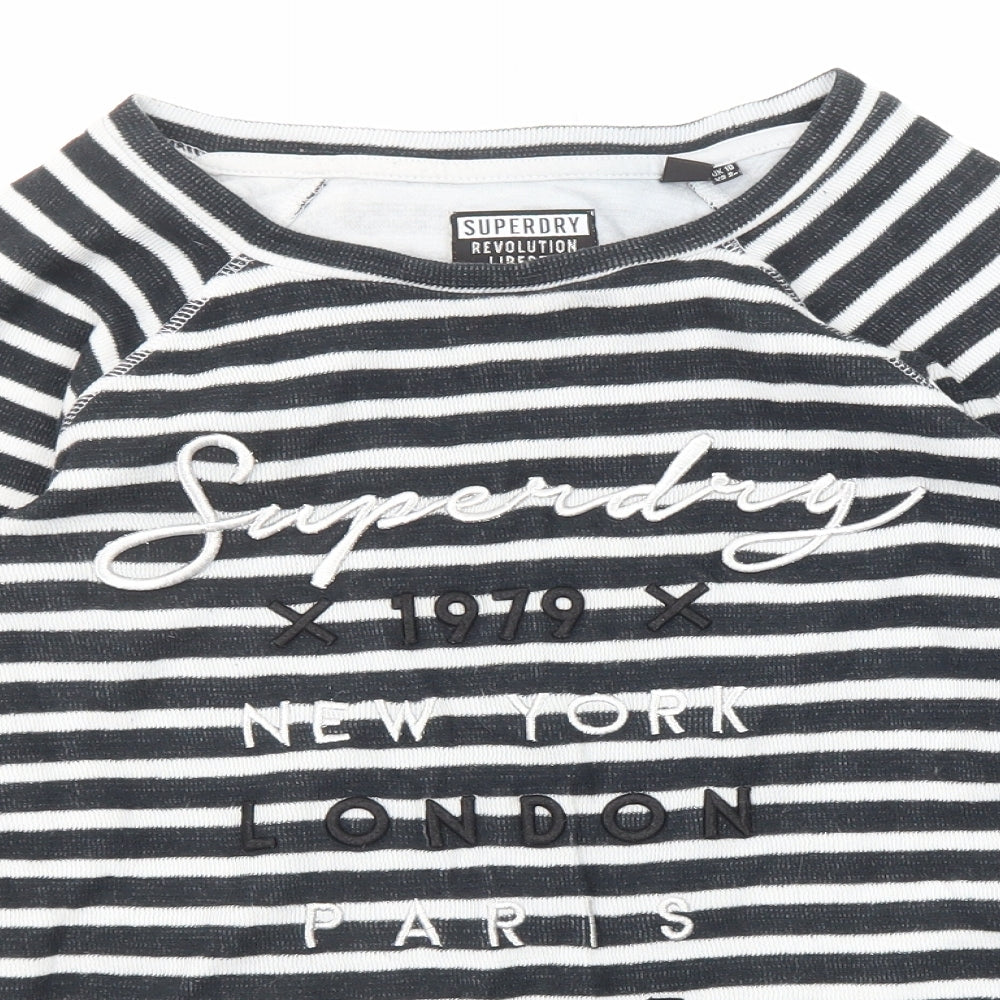Superdry Womens Black Striped Cotton Basic T-Shirt Size 10 Boat Neck