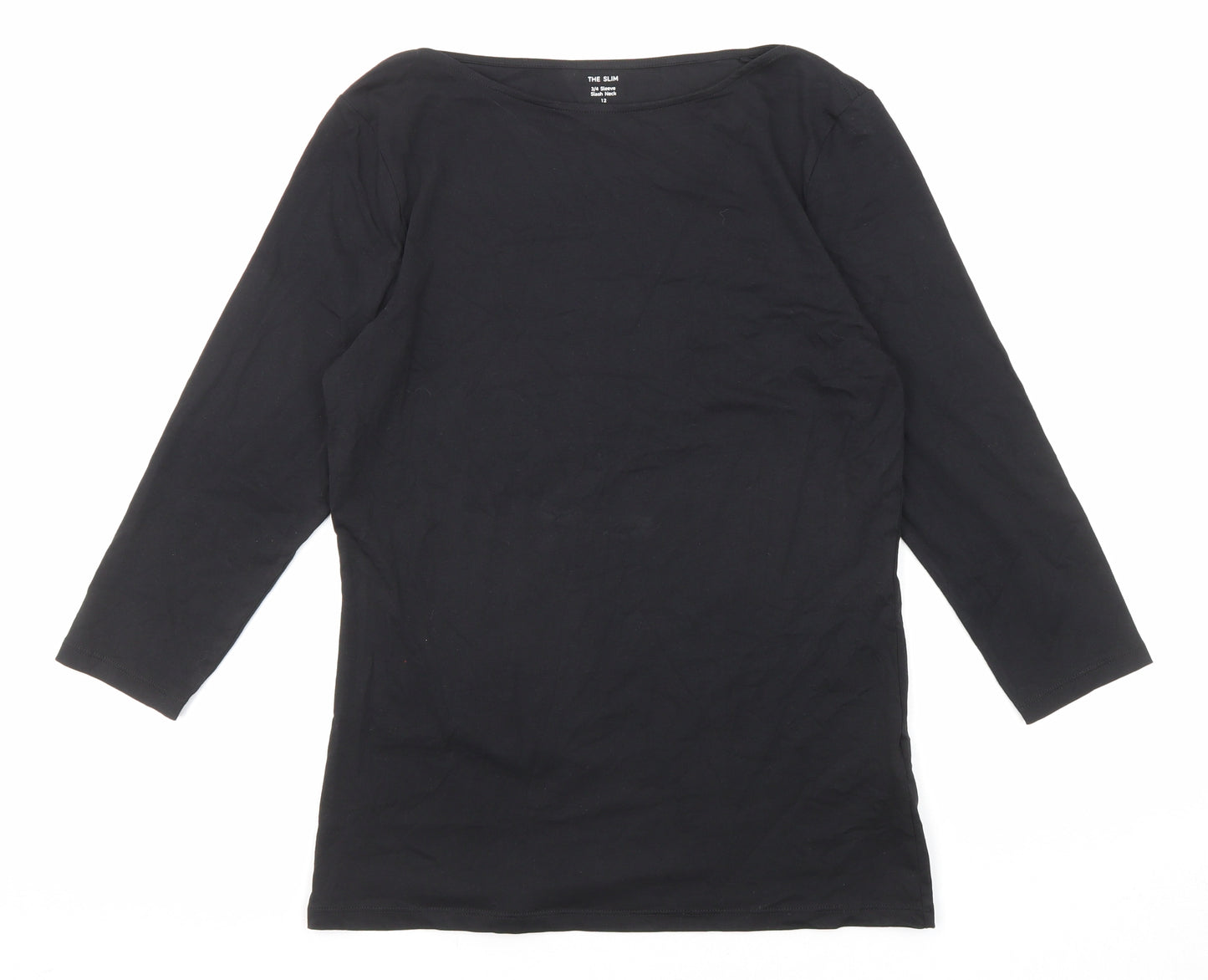 Marks and Spencer Womens Black Cotton Basic T-Shirt Size 12 Boat Neck