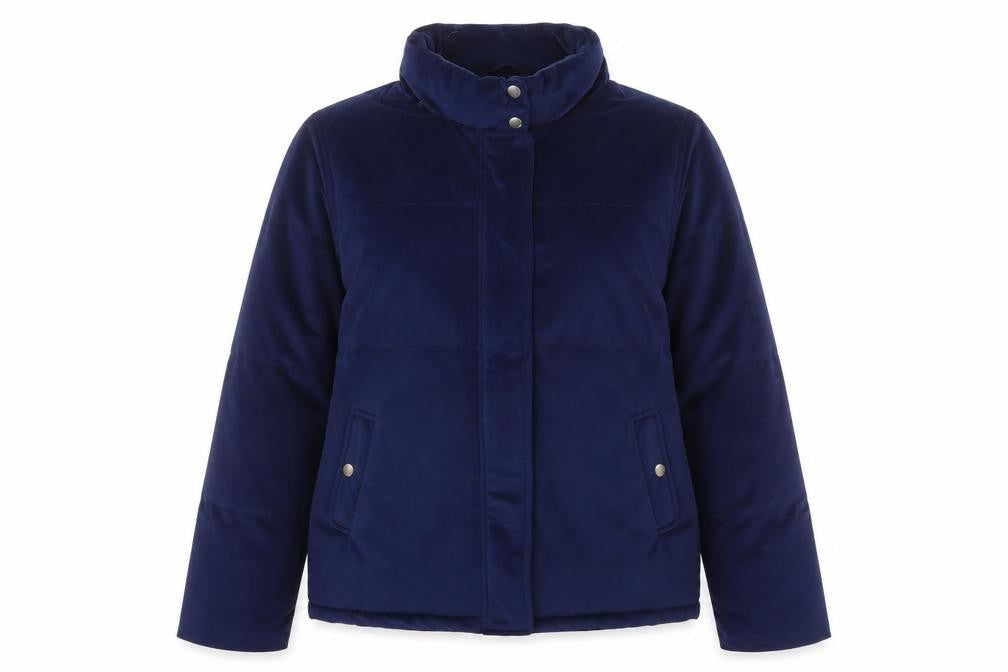 Front view of QED London women’s blue jacket, size UK 10, zip