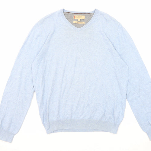 Marks and Spencer Mens Blue V-Neck Cotton Pullover Jumper Size L Long Sleeve