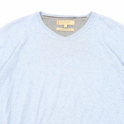 Marks and Spencer Mens Blue V-Neck Cotton Pullover Jumper Size L Long Sleeve