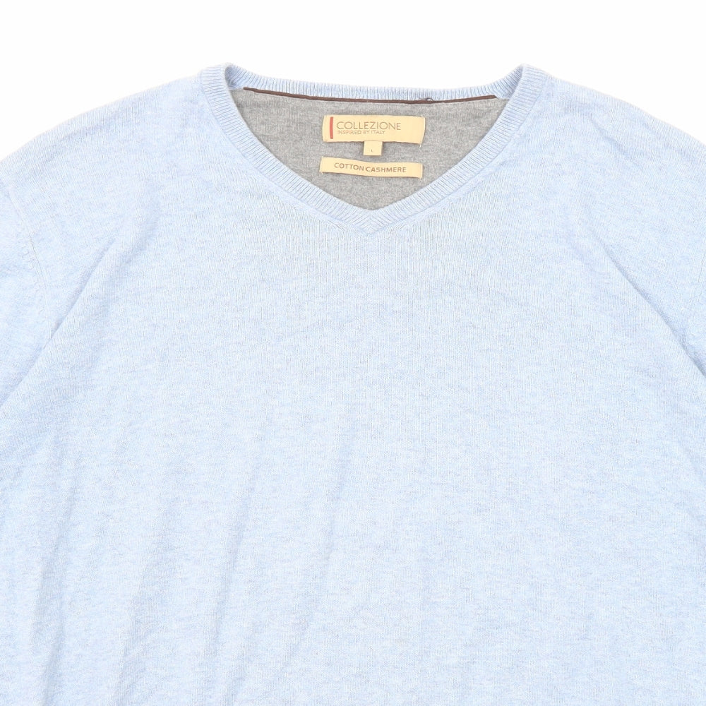 Marks and Spencer Mens Blue V-Neck Cotton Pullover Jumper Size L Long Sleeve