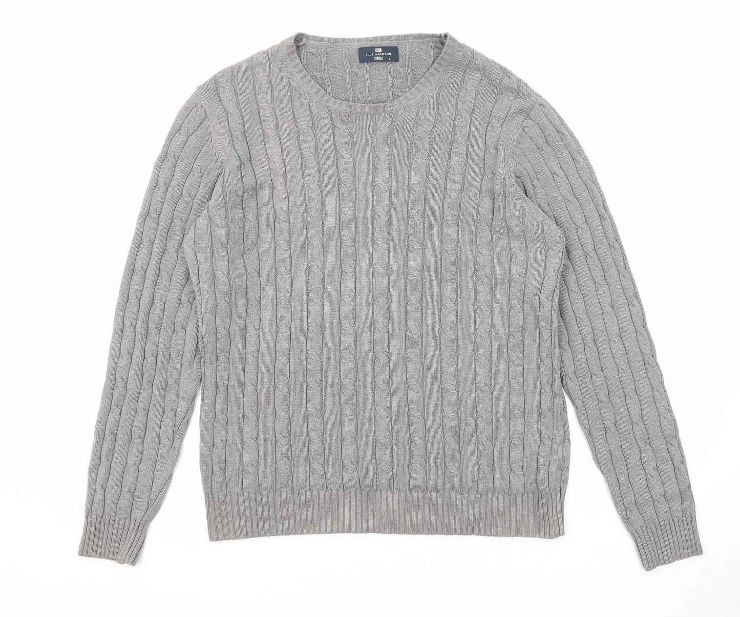Blue Harbour Mens Grey Crew Neck Cotton Pullover Jumper Size L Long Sleeve