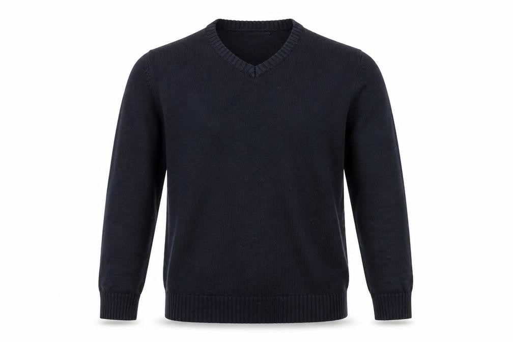 Front view of Capsule men’s black v-neck cotton jumper, size S, long sleeve