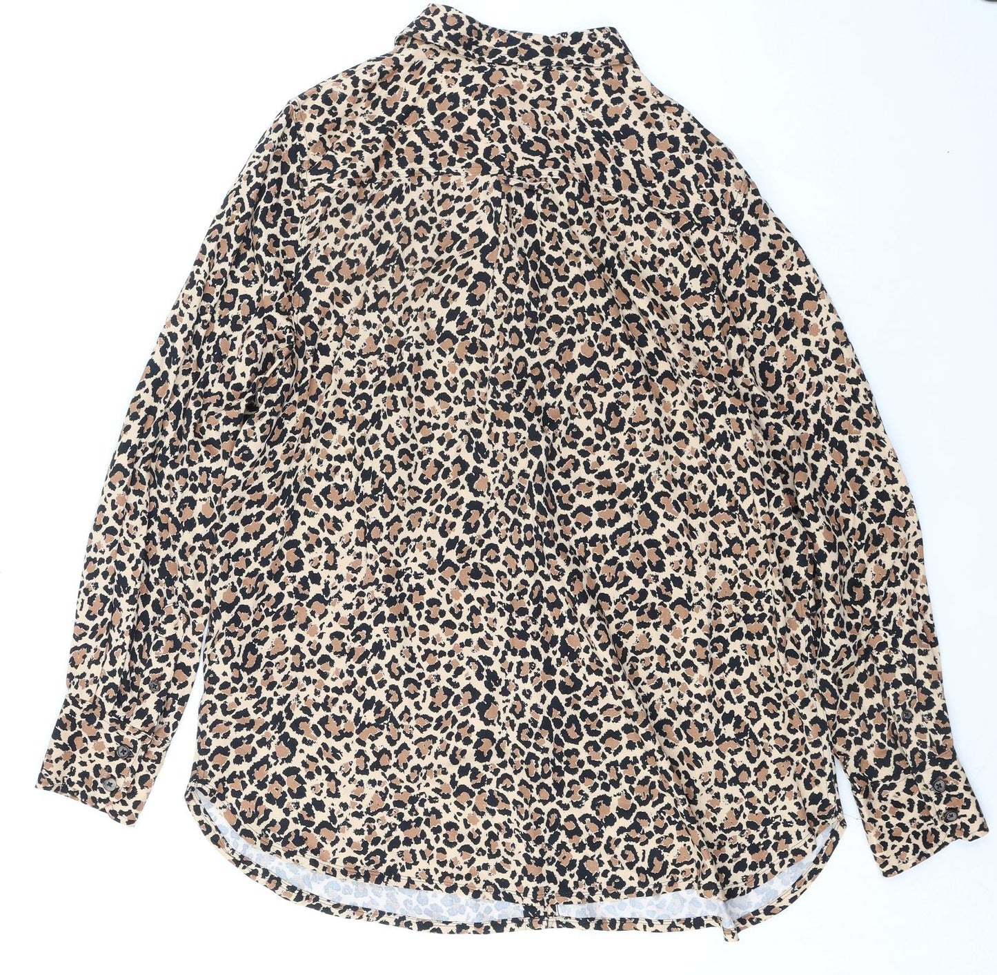 Marks and Spencer Womens Brown Animal Print Viscose Basic Button-Up Size 14 Collared - Leopard Print