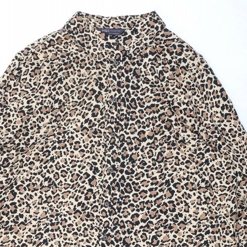 Marks and Spencer Womens Brown Animal Print Viscose Basic Button-Up Size 14 Collared - Leopard Print