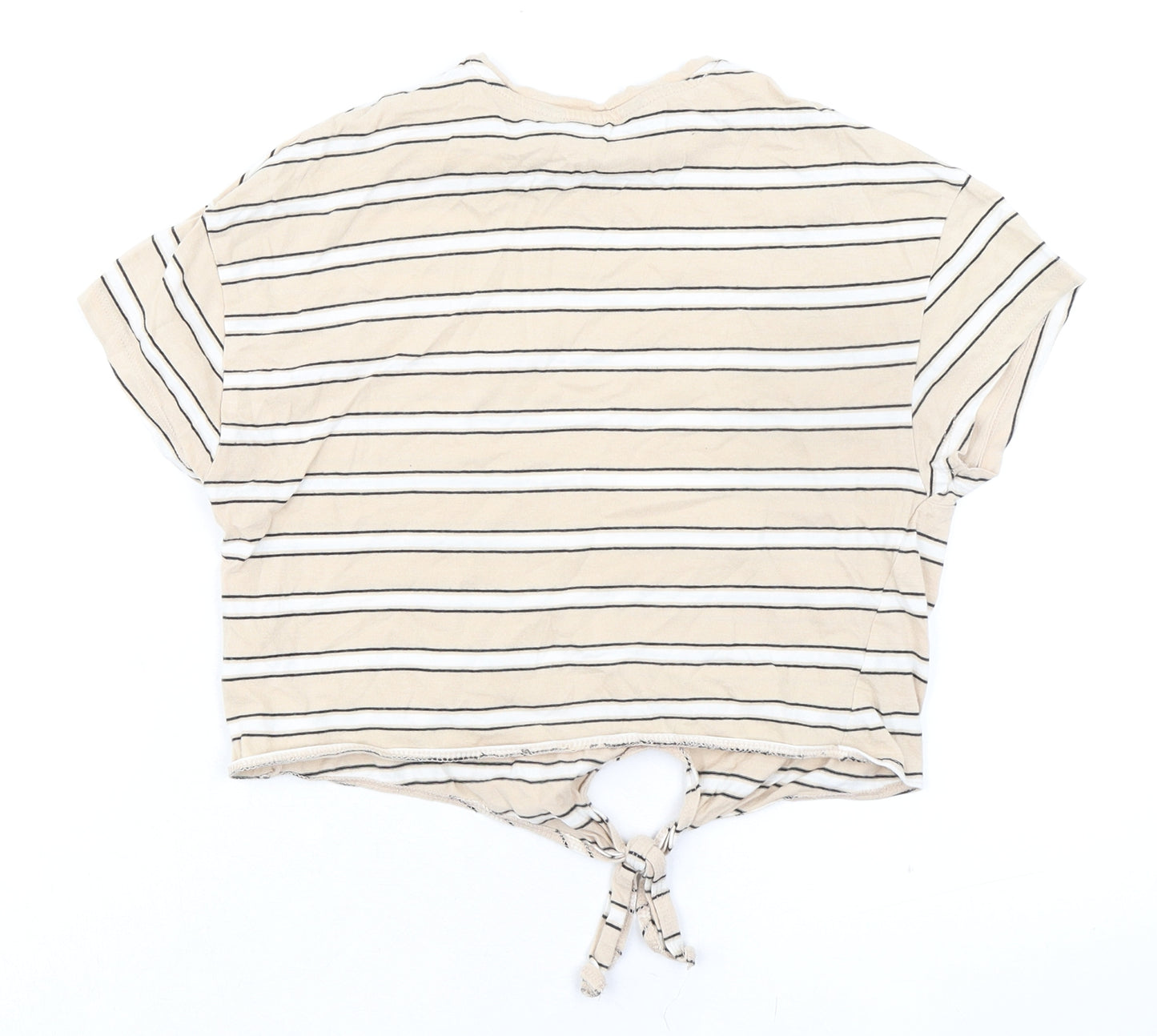 New Look Girls Beige Striped 100% Cotton Cropped T-Shirt Size 9 Years Round Neck Tie