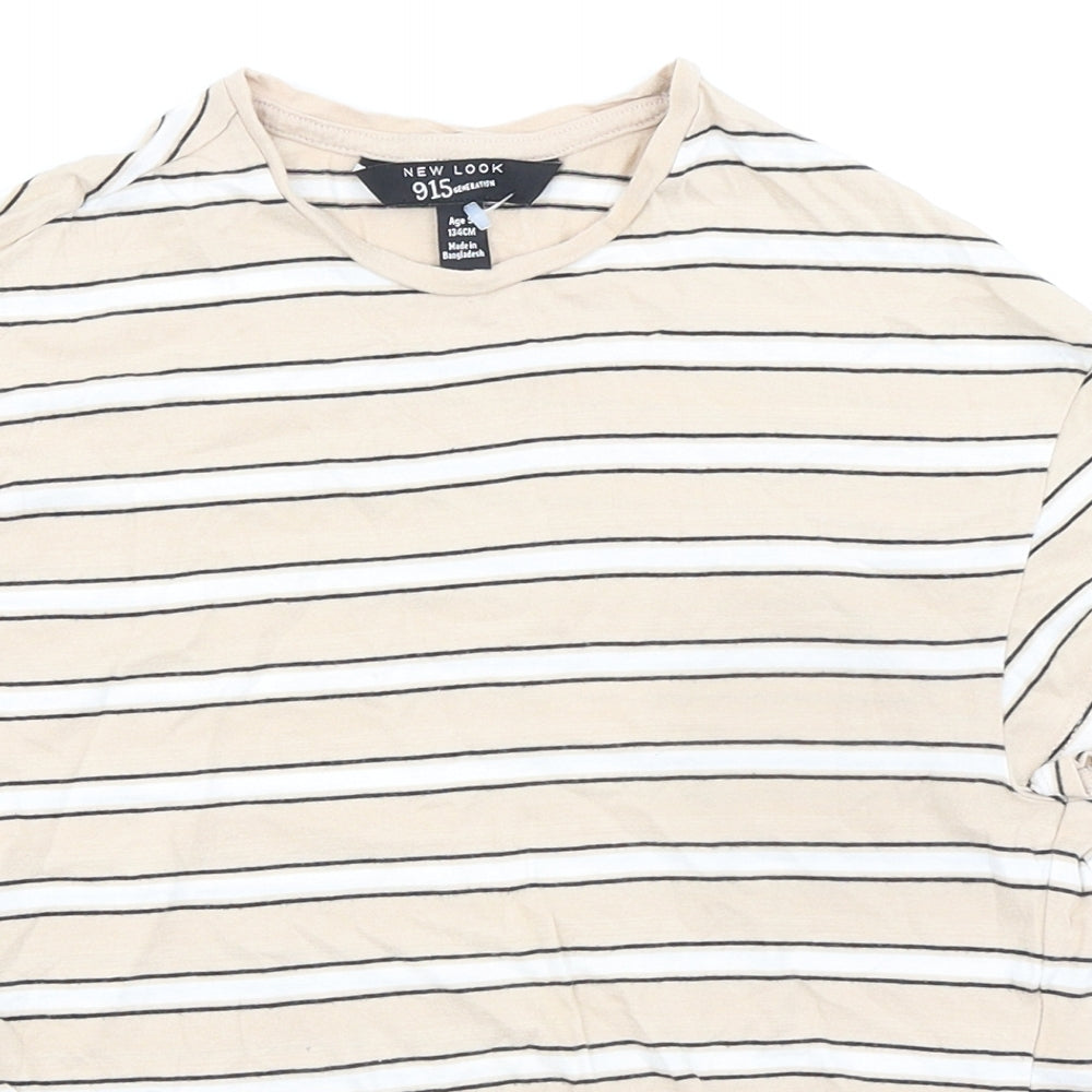 New Look Girls Beige Striped 100% Cotton Cropped T-Shirt Size 9 Years Round Neck Tie