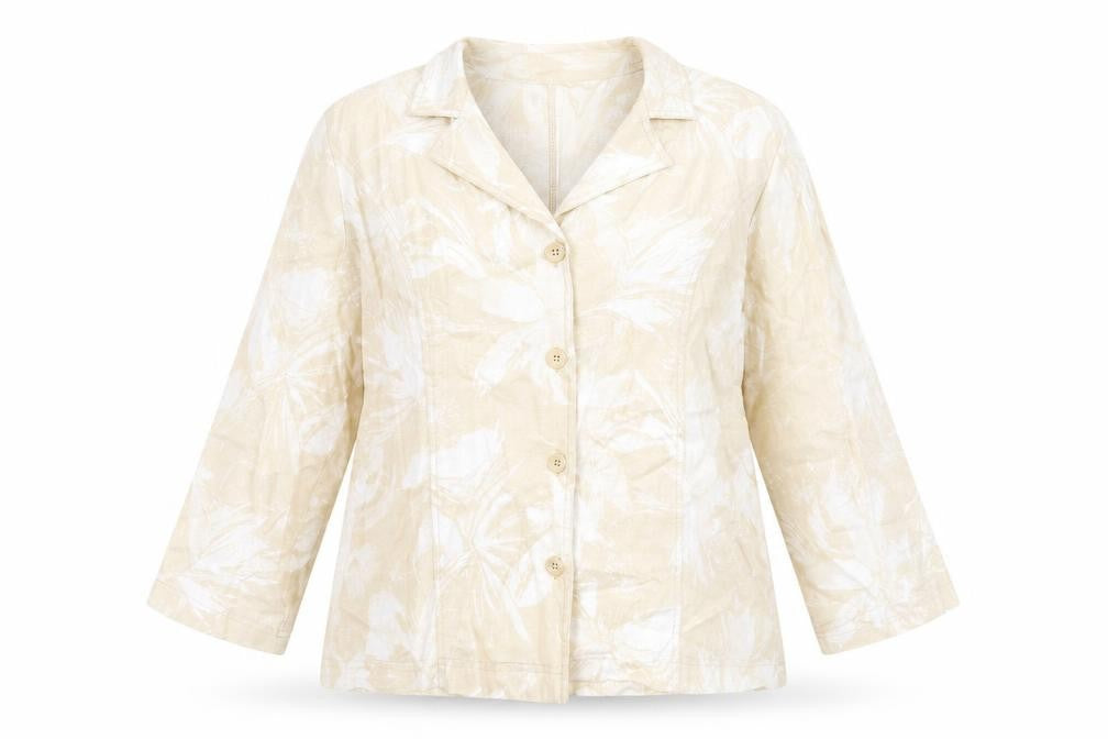 Front view of Mandy Marsh women’s beige floral jacket blazer, size UK 14, button