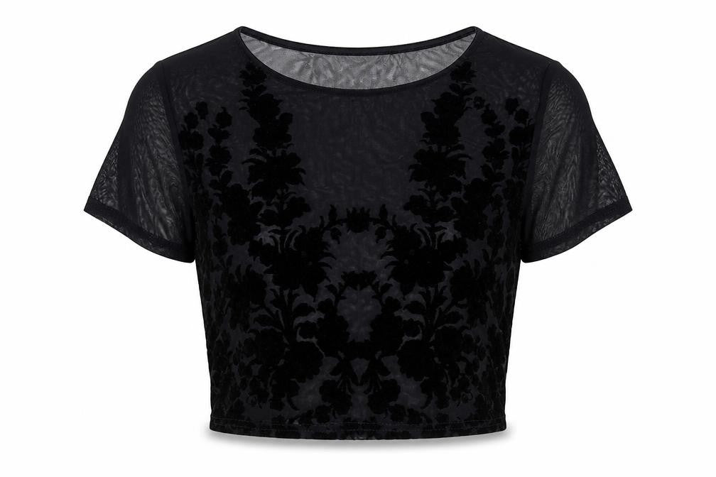 Front view of Missguided women’s black polyester cropped blouse, size UK 8, round neck