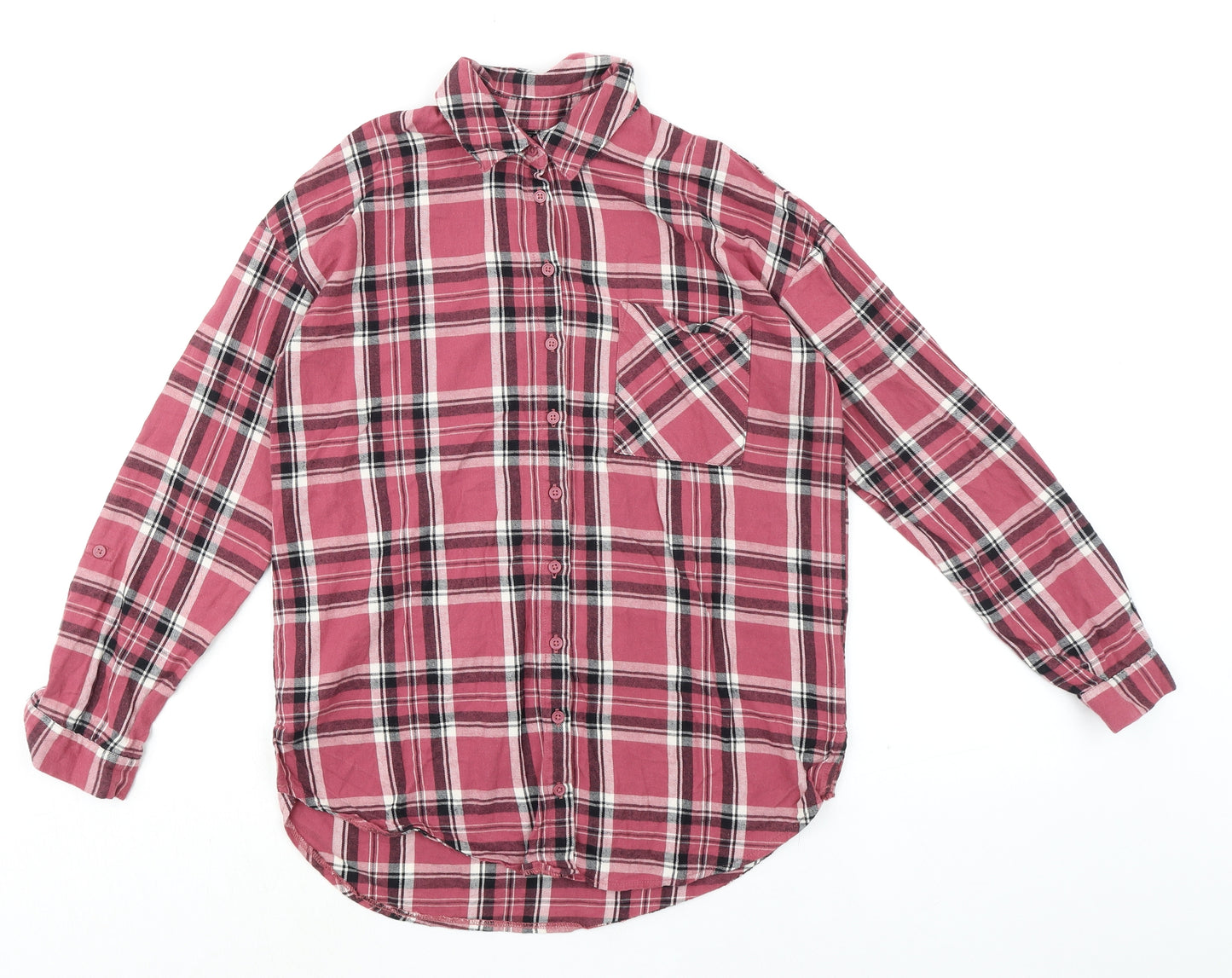 New Look Girls Pink Plaid 100% Cotton Basic Button-Up Size 12 Years Collared Button