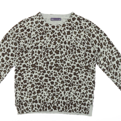 Marks and Spencer Womens Grey Round Neck Animal Print Acrylic Pullover Jumper Size 10 - Leopard Print