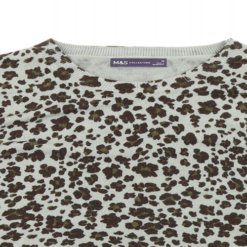 Marks and Spencer Womens Grey Round Neck Animal Print Acrylic Pullover Jumper Size 10 - Leopard Print