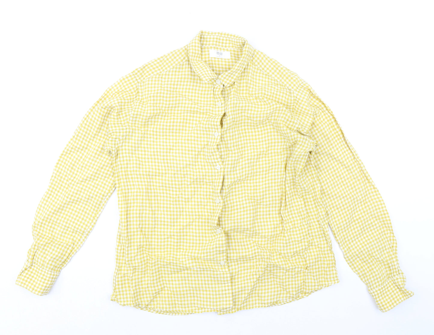 Uniqlo Mens Yellow Check Linen Button-Up Size M Collared Button