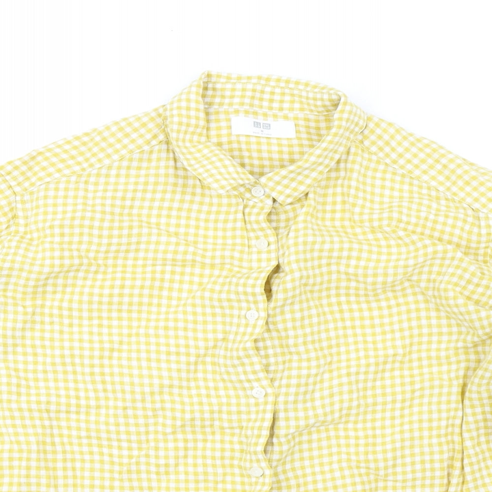 Uniqlo Mens Yellow Check Linen Button-Up Size M Collared Button
