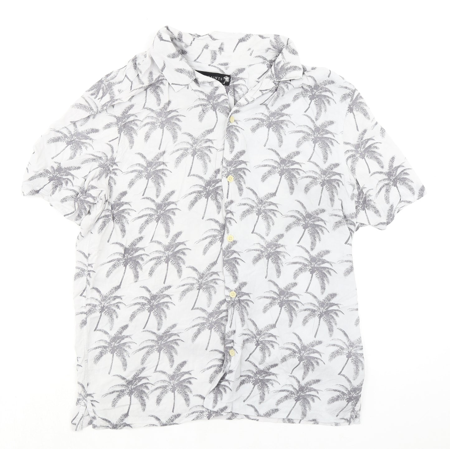 AllSaints Mens Grey Geometric Viscose Button-Up Size L Collared Button - Palm tree