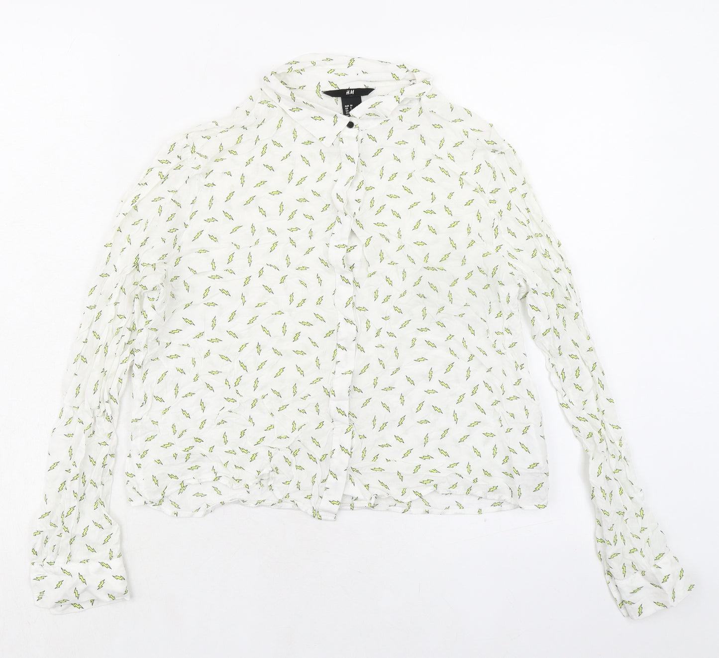 H&M Womens Ivory Geometric Viscose Basic Button-Up Size 10 Collared - Lightening Bolt